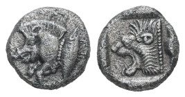 Mysia, Kyzikos. AR, Hemiobol. 0.56 g. 7.96 mm. Circa 525-475 BC.
Obv.: Forepart of boar left; H on shoulder; to right, tunny upward.
Rev.: Head of roa...