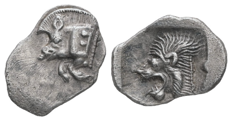 Mysia, Kyzikos. AR Obol, 0.77 g. 13.58 mm. Circa 450-400 BC.
Obv.: Forepart of b...
