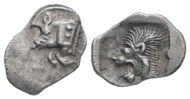Mysia, Kyzikos. AR Obol, 0.77 g. 13.58 mm. Circa 450-400 BC.
Obv.: Forepart of boar left, with Ǝ on shoulder; to right, tunny upward.
Rev.: Head of ro...