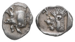 Mysia, Kyzikos. AR Obol, 0.81 g 10.57 mm. Circa 450-400 BC.
Obv.: Forepart of boar left; tunny to right.
Rev.: Head of roaring lion left; retrograde K...