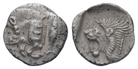Mysia, Kyzikos. AR Obol. 0.53 g. 11.37 mm. Circa 450-400 BC.
Obv.: Forepart of boar left, with Ǝ on shoulder; to right, tunny upward.
Rev.: Head of ro...