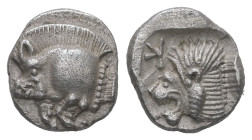 Mysia, Kyzikos. AR Obol, 0.85 g 9.22 mm. Circa 450-400 BC.
Obv.: Forepart of boar left; tunny to right.
Rev.: Head of roaring lion left; retrograde K ...
