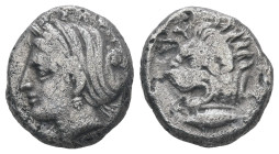 Mysia, Kyzikos, AR Drachm, 3.07 g 14.15 mm. Circa 390-341/0 BC.
Obv: Head of Kore Soteira left, with hair in sphendone.
Rev: KYZI, Head of lion left; ...