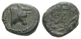 Mysia, Kyzikos. AE. 2.38 g. 12.54 mm. 2nd-1st centuries BC.
Obv.: Head of bull right.
Rev.: KY / ZI and monogram; all within oak-wreath.
Ref.: Nomisma...