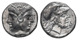 Mysia, Lampsakos. AR Diobol, 1.26 g 11.60 mm. 4th-3rd centuries BC.
Obv: Janiform female head.
Rev: ΛΑΜΨ. Helmeted head of Athena right within incuse ...