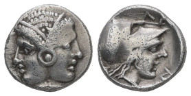Mysia, Lampsakos. AR Diobol, 1.34 g 11.55 mm. 4th-3rd centuries BC.
Obv: Janiform female head.
Rev: ΛΑΜΨ. Helmeted head of Athena right within incuse ...