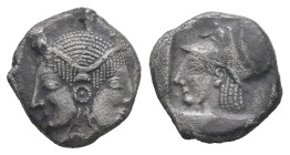 Mysia, Lampsakos. AR Diobol, 1.13 g. 10.59 mm. Circa 500-450 BC.
Obv.: Janiform female head.
Rev.: Helmeted head of Athena left within incuse square.
...