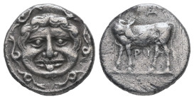 Mysia, Parion. AR Hemidrachm, 2.19 g 14.70 mm. 4th century BC.
Obv: Facing gorgoneion within incuse circle.
Rev: ΠΑ / ΡΙ, Bull, with head right, stand...