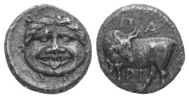 Mysia, Parion. AR Hemidrachm, 2.15 g. 12.56 mm. 4th century BC.
Obv.: Facing gorgoneion within incuse circle.
Rev.: ΠΑ / ΡΙ, Bull, with head right, st...