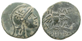 Mysia, Pergamon. Ae, 2.91 g. 18.23 mm. Circa 200-133 BC.
Obv.: Head of Athena right, wearing helmet decorated with star.
Rev.: AΘHNAΣ / NIKHΦOPOY. Owl...