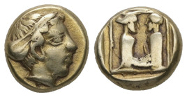 Lesbos, Mytilene. EL Hekte, 2.50 g 10.85 mm. Circa 454-428/7 BC. 
Obv: Female head to right, wearing sphendone. 
Rev. Female herm, on the left, facing...