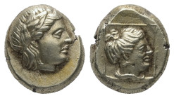 Lesbos, Mytilene. EL Hekte, 2.55 g. 10.72 mm. Circa 377-326 BC.
Obv.: Laureate head of Apollo right.
Rev.: Head of female right, hair gathered and bou...