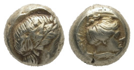 Lesbos, Mytilene. EL Hekte, 2.56 g. 8.71 mm. Circa 377-326 BC.
Obv.: Laureate head of Apollo right.
Rev.: Head of female right, hair gathered and boun...