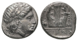 Lesbos, Mytilene. AR Hemidrachm, 2.77 g 13.97 mm. Circa 350-250 BC. 
Obv: Laureate head of Apollo right. 
Rev: [MY / T – I]. Kithara; inverted shell t...