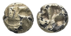Ionia, Uncertain. Fourrèe EL 1/24 Stater. 0.47 g 6.74 mm. Circa 625-600 BC.
Obv: Raised clockwise swastika pattern.
Rev: Quadripartite incuse square.
...