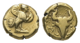 Ionia, Uncertain. EL Hemihekte, 0.97 g 7.76 mm. 5th Century BC.
Obv: Siren standing right, holding tympanon (tambourine).
Rev: Bucranium with fillets....