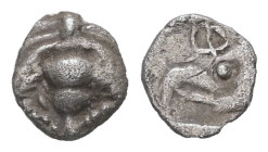 Ionia, Ephesos. AR Tetartemorion, 0.14 g 6.07 mm. Circa 500-420 BC.
Obv: Bee with slightly curved wings; annulet to left and right
Rev: [Ε] Φ, Head of...