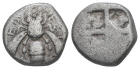 Ionia, Ephesos. AR Drachm, 3.05 g 13.68 mm. Circa 500-420 BC.
Obv: ΕΦEΣION. Bee.
Rev: Quadripartite incuse square.
Ref: SNG Kayhan 140; SNG von Aulock...