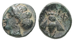 Ionia, Ephesos. Ae, 0.96 g. - 10.21 mm. Circa 375-325 BC.
Obv.: Female head (Artemis?) left, wearing mural-crown.
Rev.: E - Φ. Bee with straight wings...