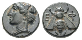 Ionia, Ephesos. AE. 1.41 g. - 11.04 mm. Circa 375-325 BC.
Obv.: Female head (Artemis?) left, wearing mural-crown.
Rev.: E - Φ. Bee with straight wings...