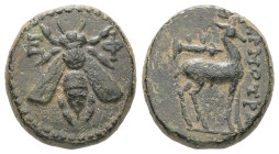 Ionia, Ephesos. Ae, 4.13 g 16.63 mm. Circa 200 BC. Hermotrephes, magistrate.
Obv: Ε - Φ. Bee.
Rev: EPMOTPEΦHΣ. Stag standing right; horizontal quiver ...