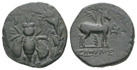 Ionia, Ephesos. Ae, 3.39 g 18.84 mm. Circa 202-133 BC. Sopyros, magistrate.
Obv: Ε - Φ. Bee within wreath.
Rev: ΣΩΠYPOΣ. Stag standing right; in backg...