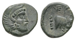 Ionia, Erythrai. Ae, 0.80 g 10.01 mm. Circa 480-400 BC.
Obv: Head of Herakles right, wearing lion skin.
Rev: EPY. Forepart of bull right; club to righ...