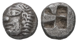 Ionia, Kolophon. AR Diobol, 0.92 g 8.42 mm. Circa 530/25-500 BC.
Obv: Archaic head of Apollo left.
Rev: Quadripartite incuse square.
Ref: Unpublished ...