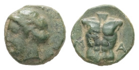 Ionia, Magnesia ad Maeandrum. Ae, 0.54 g 8.49 mm. Circa 400 BC
Obv: Laureate head of Apollo left.
Rev.: M A , Cuirass.
Ref.: SNG Kayhan, 393-94.
Fine/...