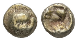 Ionia, Miletos. EL 1/24 Stater, 0.55 g 6.09 mm. Circa 600-550 BC. 
Obv: Head of lion facing, with mane surrounding 
Rev: Rough incuse square. 
Ref: Hi...
