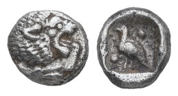Ionia, Miletos. AR, Tetartemorion. 0.27 g. - 6.17 mm. Late 6th-early 5th century BC.
Obv.: Forepart of a lion to left, his head turned back to right.
...