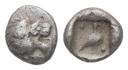 Ionia, Miletos. AR, Tetartemorion. 0.27 g. - 6.41 mm. Circa 600-500 BC.
Obv.: Head of roaring lion right.
Rev.: Eagle standing right; pellet above and...