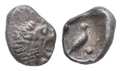 Ionia, Miletos. AR, Tetartemorion. 0.28 g. - 6.75 mm. Circa 600-500 BC.
Obv.: Head of roaring lion right.
Rev.: Eagle standing right; pellet above and...