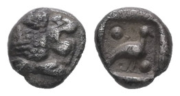 Ionia, Miletos, AR Tetartemorion, 0.25 g 5.94 mm. Circa 600-500 BC.
Obv: Head of roaring lion right
Rev: Eagle standing right; pellet above and below;...
