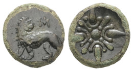Ionia, Miletos. Ae, 1.83 g 12.61 mm. Circa 377-353 BC. 
Obv: Lion standing left, head turned back to right; above, monogram of MI. 
Rev:Star. 
Ref: De...