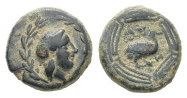 Ionia, Myous. Ae, 0.65 g 8.98 mm. Circa 400-380 BC.
Obv: Laureate head of Apollo to right within laurel wreath border
Rev: MY, Swan standing to right ...