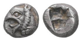 Ionia, Phokaia. AR Hemiobol, 0.41 g 6.24 mm. Circa 521-478 BC.
Obv: Head of griffin left.
Rev: Quadripartite incuse square.
Ref: Cf. SNG Kayhan 514-6 ...