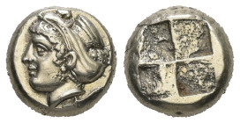 Ionia, Phokaia. EL Hekte, 2.53 g 10.11 mm. Circa 478-387 BC. 
Obv: Head of female left, with hair bound in sakkos, forepart of sphinx at crest and orn...