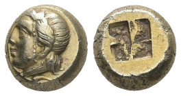 Ionia, Phokaia. EL Hekte, 2.56 g 9.70 mm. Circa 478-387 BC.
Obv: Head of Io left; below, small seal left.
Rev: Quadripartite incuse square.
Ref: Boden...