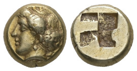 Ionia, Phokaia. EL Hekte, 2.54 g 10.20 mm. Circa 478-387 BC.
Obv: Head of nymph left, with hair in sakkos; to right, small seal downward.
Rev: Quadrip...