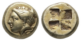 Ionia, Phokaia. EL Hekte, 2.55 g 10.15 mm. Circa 387-326 BC.
Obv: Head of Artemis left, with quiver to right; below, small seal left.
Rev: Quadriparti...