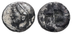 Ionia, Phokaia. AR Fourrèe Diobol, 1.12 g. - 10.57 mm. Circa 521-478 BC.
Obv.: Archaic Female head (nymph?) left, wearing earring and helmet or close ...