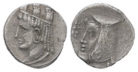 Cilicia or Cyprus. Uncertain mint. AR Obol, 0.48 g 10.45 mm. Mid 4th century BC. 
Draped female bust (Aphrodite or Tyche?) to left, wearing a turreted...