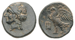 Caria, Halikarnassos. Ae, 1.36 g 12.12 mm. 3rd century BC.
Obv: Head of Apollo left.
Rev.: ΑΛΙ; Eagle standing to left, wings open; to left, kithara.
...