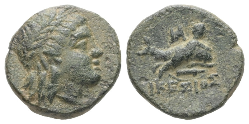 Caria, Iasos. Ae, 2.46 g 14.62 mm. Circa 250-190 BC.
Obv: Laureate head of Apoll...