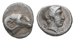Caria, Kasolaba. AR Hemiobol, 0.38 g 7.61 mm. 4th century BC.
Obv.: Young male head right; Carian letters below chin and behind.
Rev.: Head of ram rig...