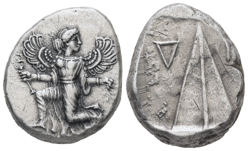 Caria, Kaunos. AR Stater, 11.66 g 23.94 mm. Circa 410-390 BC.
Obv: Winged femal...