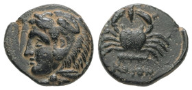 Caria, Kos. Ae, 1.78 g 13.78 mm. 4th century BC. 
Obv: Head of Herakles left, wearing lion skin.
Rev: Crab; below, club.
Ref: Cf. BMC 101-2; HGC 6, 13...