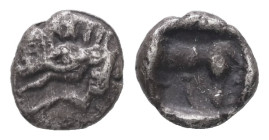 Asia Minor, Uncertain. AR Hemiobol, 0.29 g 6.44 mm. 5th century BC. 
Obv: Forepart of boar left 
Rev: Head of dog right, wearing leash, within incuse ...