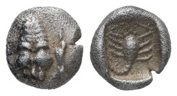 Caria, Mylasa. AR Hemiobol, 0.41 g 7.44 mm. Circa 450-400 BC.
Obv: Forepart of lion facing.
Rev: Scorpion within incuse square.
Ref: SNG Keckman 917; ...